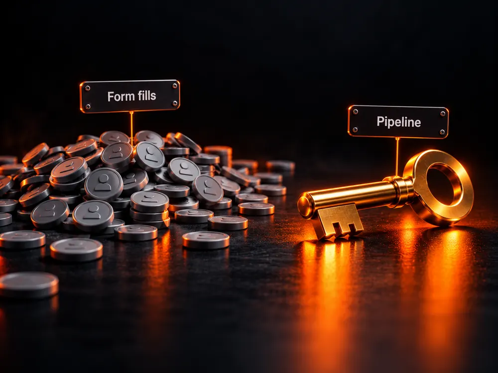 Scattered grey tokens labelled Form fills beside one brass key labelled Pipeline: B2B Google Ads built for pipeline