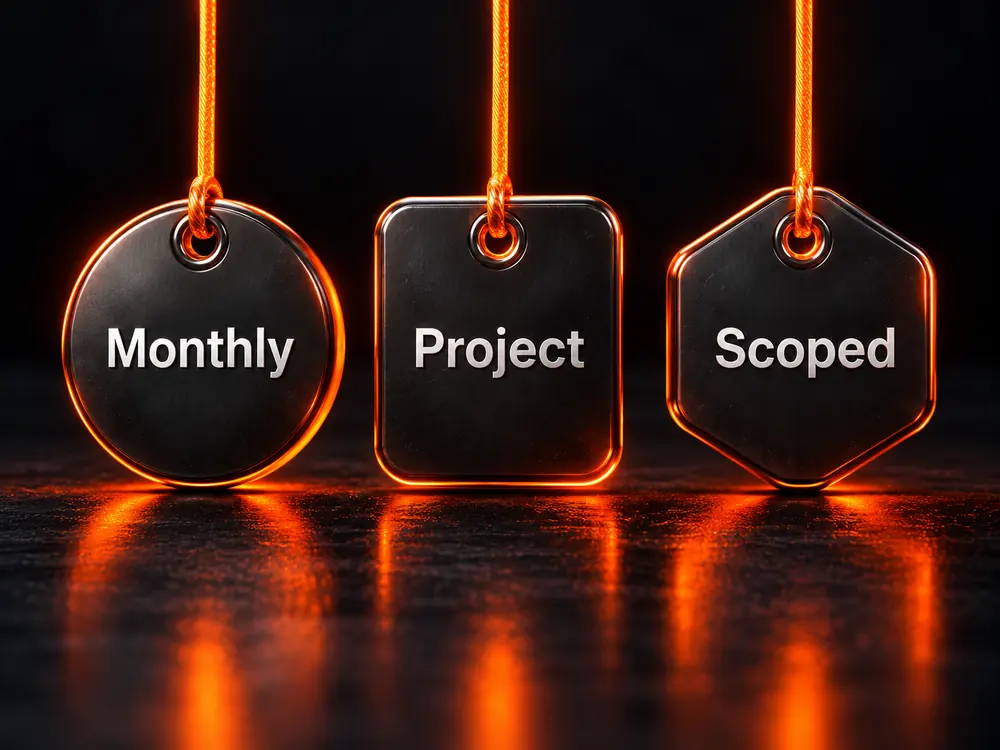 Three black price tags on orange strings labelled Monthly, Project and Scoped: the three ways BlazeByte pricing works
