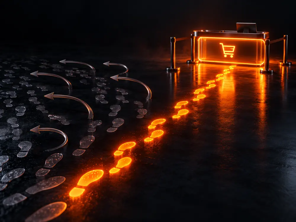 Faint footprints turning back and one orange trail reaching a lit checkout stand: a landing page conversion rate problem