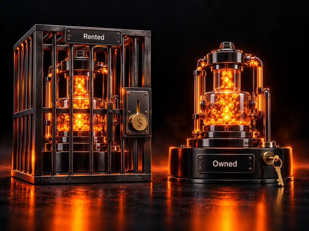 Two tracking machines, one locked in a cage with a coin slot labelled Rented, one free with a key labelled Owned