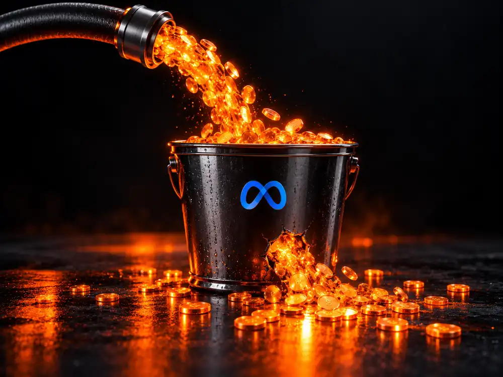 Orange coins pouring into a Meta bucket that leaks from a hole near its base: Facebook and Meta Ads budget lost to a broken setup