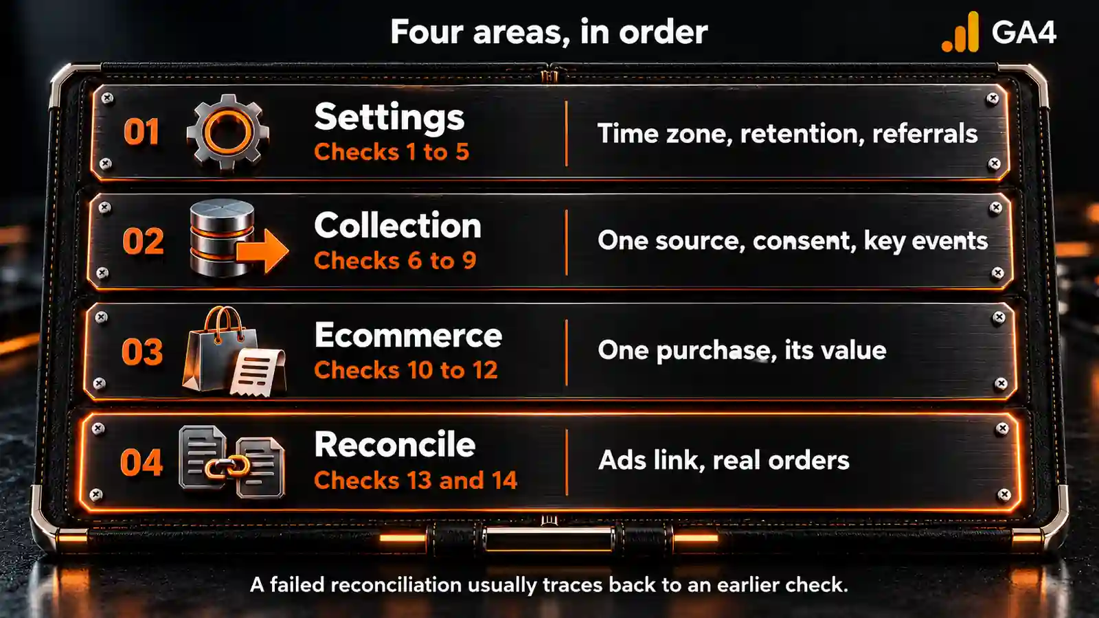 The four areas of a GA4 audit in order: property settings (checks 1 to 5), collection (6 to 9), ecommerce (10 to 12), then links and reconciliation with the store or CRM (13 and 14).