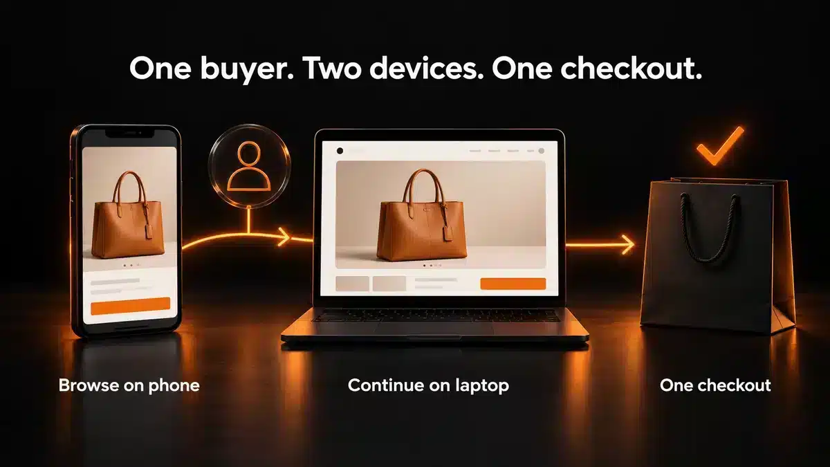 One buyer, two devices, one checkout: a bag browsed on a phone, continued on a laptop and bought at one checkout