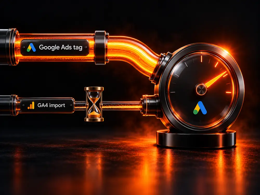 A thick Google Ads tag pipe and a thin GA4 import pipe with an hourglass feeding one gauge: native Google Ads conversion tracking