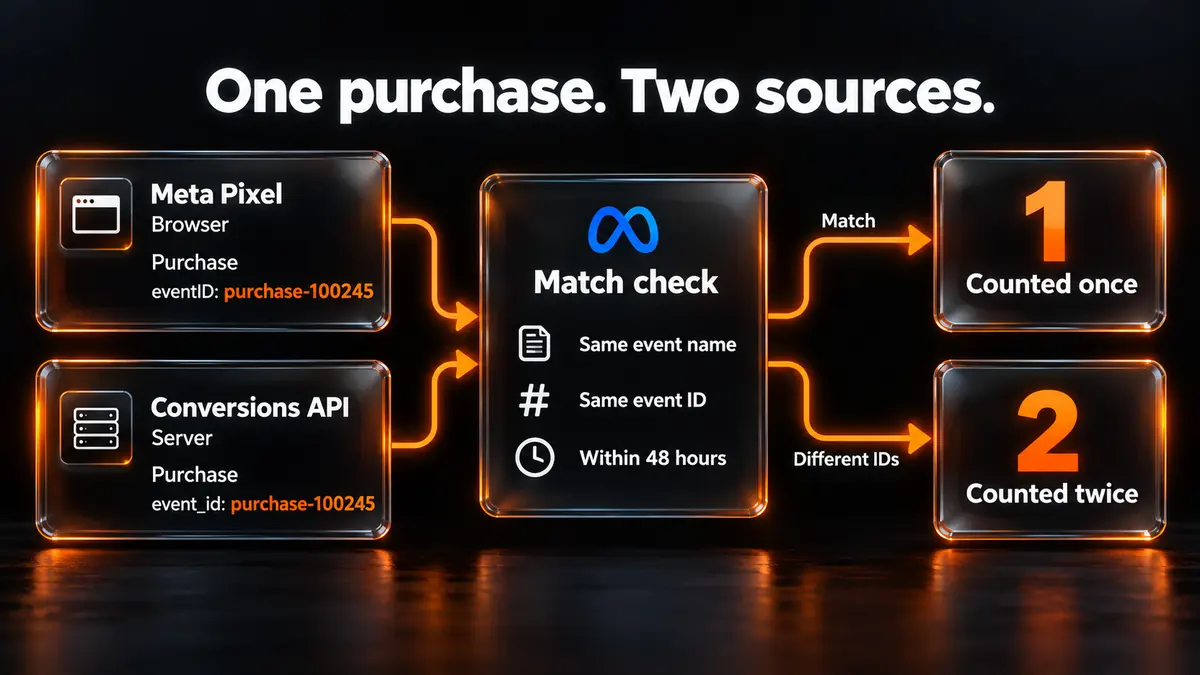 Meta deduplication flow: a Pixel Purchase with eventID purchase-100245 and a Conversions API Purchase with event_id purchase-100245 match on name and ID within 48 hours and are counted once; if the IDs differ, the purchase is counted twice.