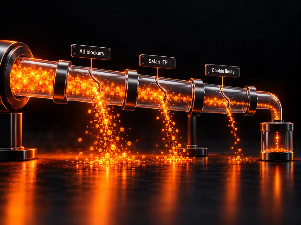 Glass pipe leaking orange data at cracks labelled Ad blockers, Safari ITP and Cookie limits: the loss server side tracking stops